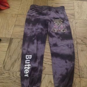 Purple butter sweatpants with teddy bear